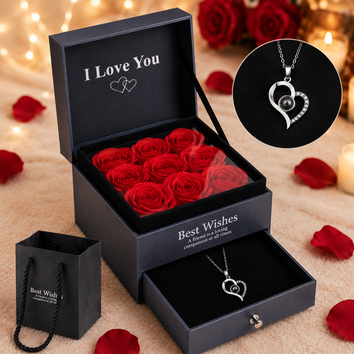 Coffret Roses Éternelles &amp; Collier Cœur
