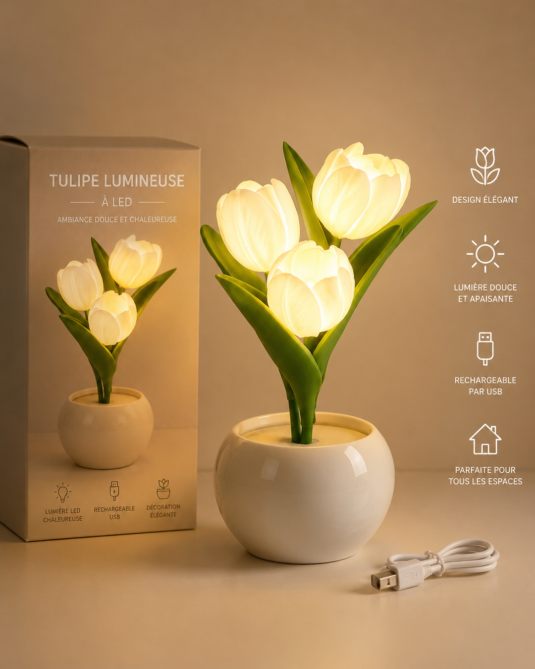 Tulipe Lumineuse LED USB – Veilleuse Décorative Rechargeable