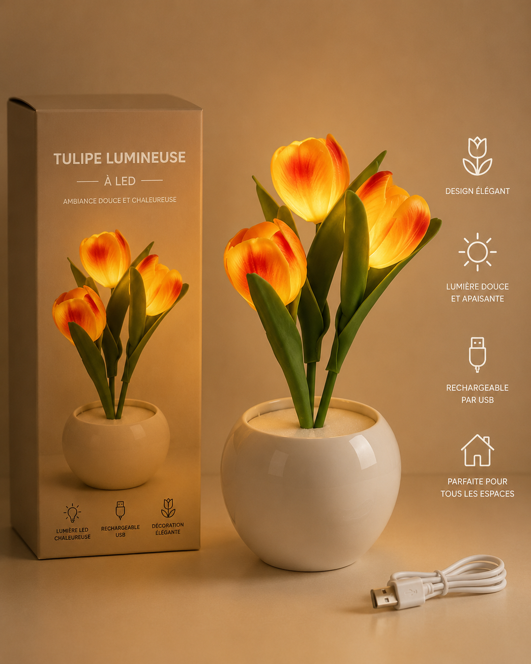Tulipe Lumineuse LED USB – Veilleuse Décorative Rechargeable