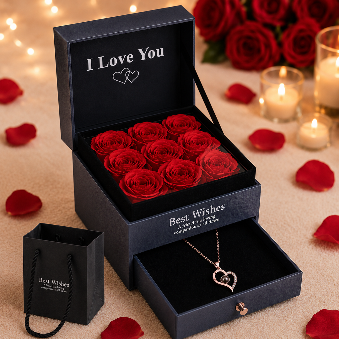 Coffret Roses Éternelles &amp; Collier Cœur